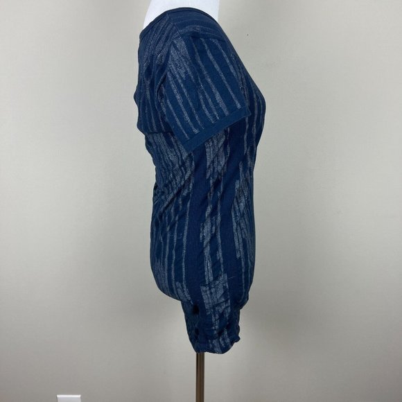 Athleta Top Tee Large Blue Ikat Pure Organic Cotton Blend Ruched Seamless Womens - Picture 4 of 8